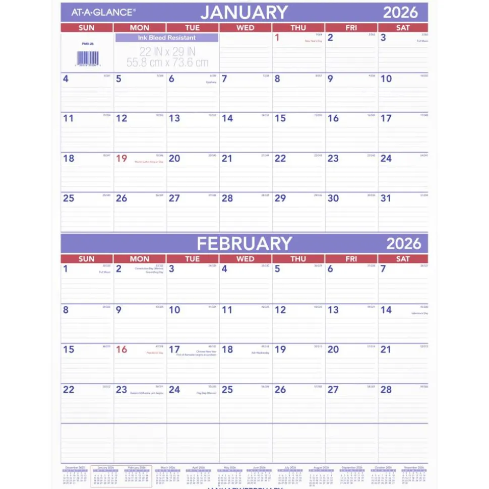 AT-A-GLANCE Two-Month Wall Calendar, 22 x 29, White/Blue/Red Sheets, 12-Month (Jan to Dec): 2027, 2027 Calendar