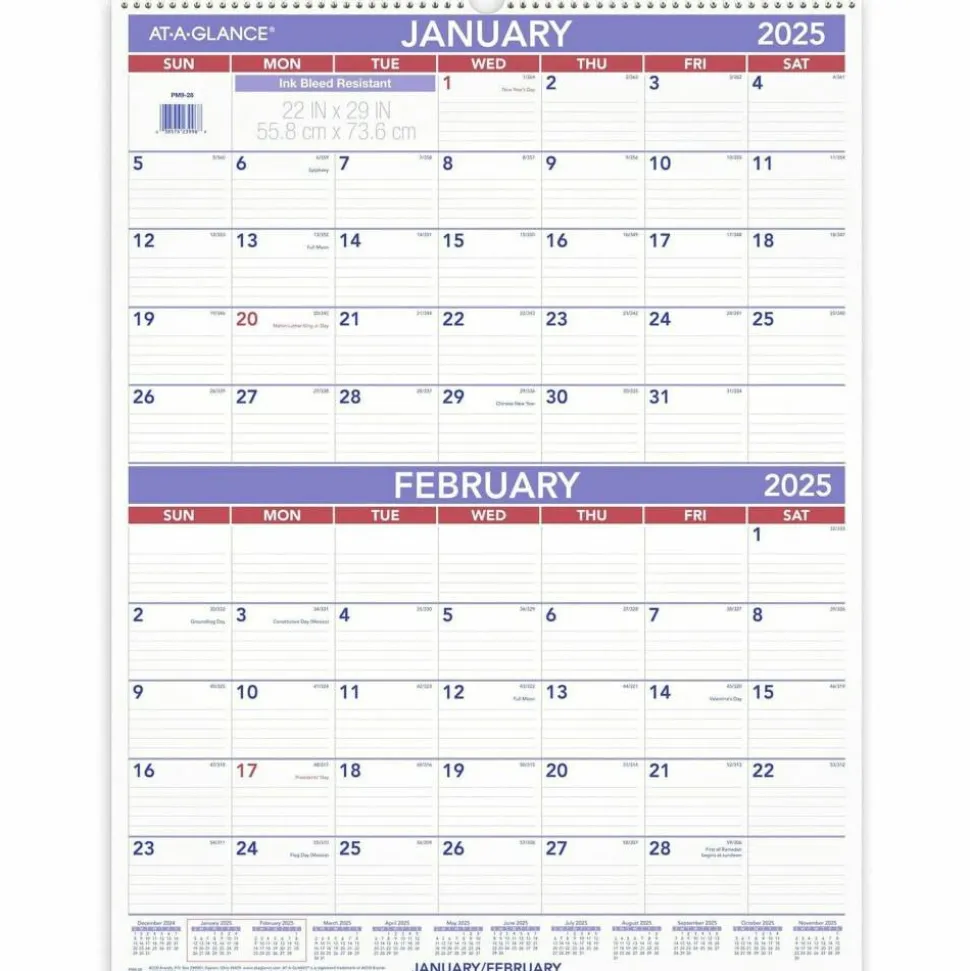 AT-A-GLANCE Two-Month Wall Calendar, 22 x 29, White/Blue/Red Sheets, 12-Month (Jan to Dec): 2027, 2027 Calendar