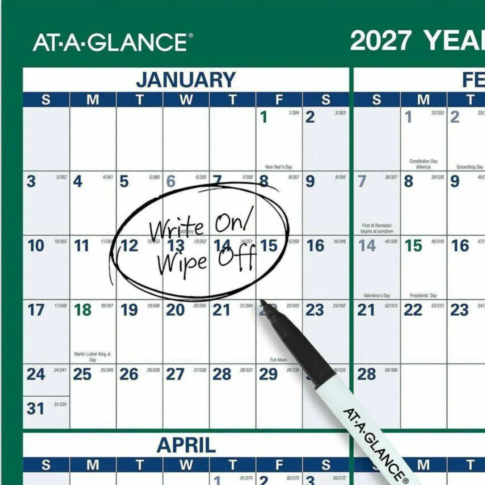 AT-A-GLANCE Vertical Erasable Wall Planner, 24 x 36, White/Green Sheets, 12-Month (Jan to Dec), 2027 Calendar