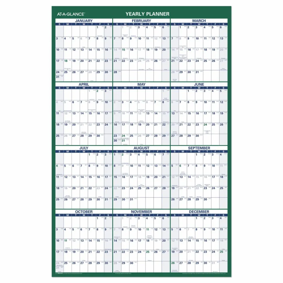 AT-A-GLANCE Vertical Erasable Wall Planner, 24 x 36, White/Green Sheets, 12-Month (Jan to Dec), 2027 Calendar