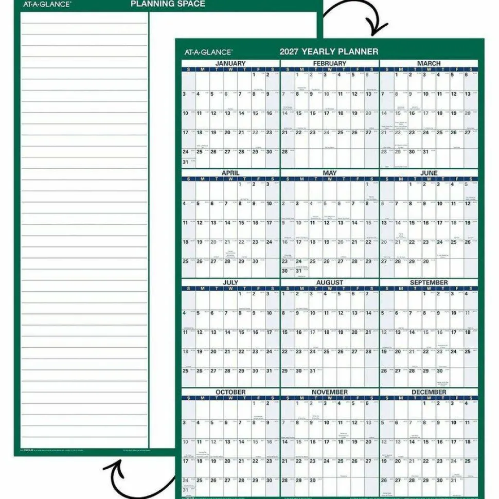 AT-A-GLANCE Vertical Erasable Wall Planner, 24 x 36, White/Green Sheets, 12-Month (Jan to Dec), 2027 Calendar