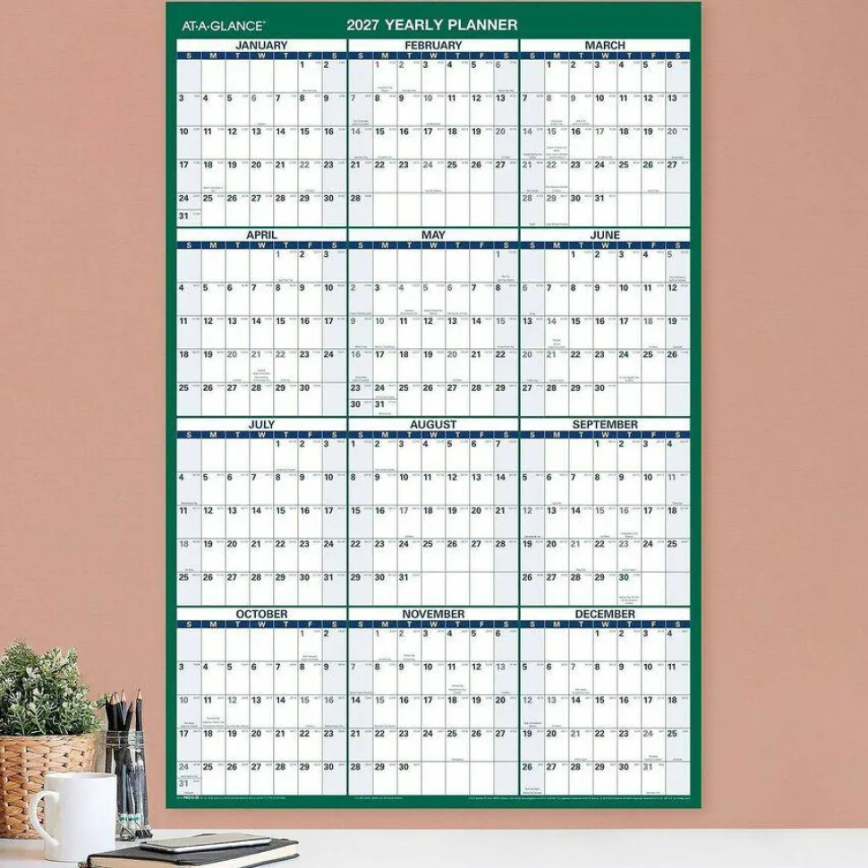 AT-A-GLANCE Vertical Erasable Wall Planner, 24 x 36, White/Green Sheets, 12-Month (Jan to Dec), 2027 Calendar