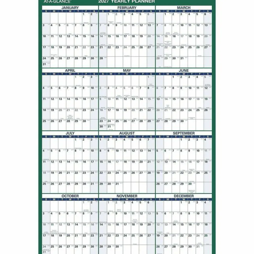AT-A-GLANCE Vertical Erasable Wall Planner, 24 x 36, White/Green Sheets, 12-Month (Jan to Dec), 2027 Calendar