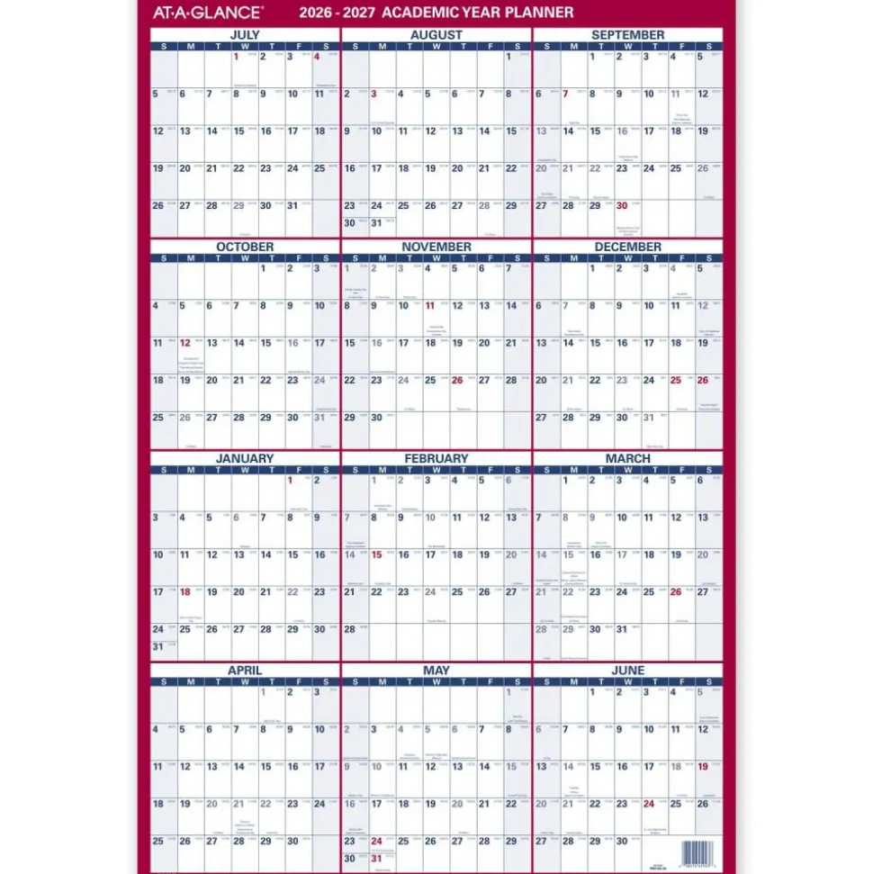 AT-A-GLANCE Vertical Reversible Erasable Academic and Regular Year 2026-2027 Wall Calendar, Large, 36" x 24"