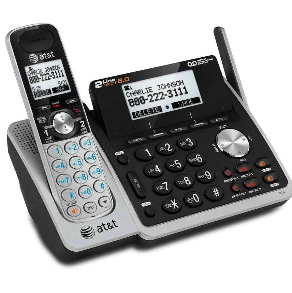 AT&T TL88102 Cordless Two-Line Digital Answering System, Base and Handset, Black/Silver