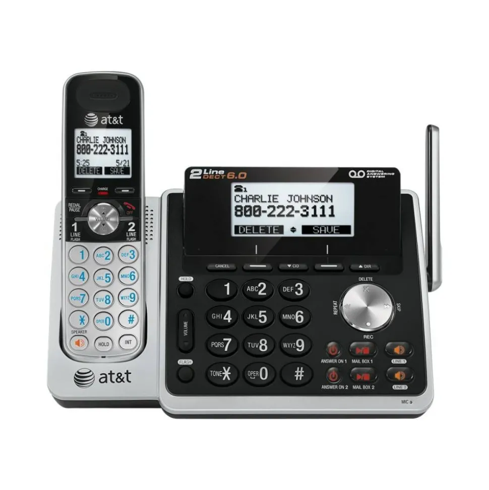 AT&T TL88102 Cordless Two-Line Digital Answering System, Base and Handset, Black/Silver