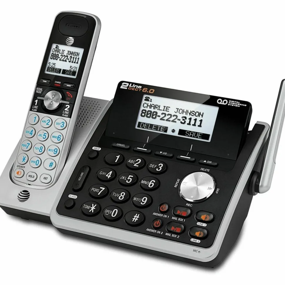 AT&T TL88102 Cordless Two-Line Digital Answering System, Base and Handset, Black/Silver