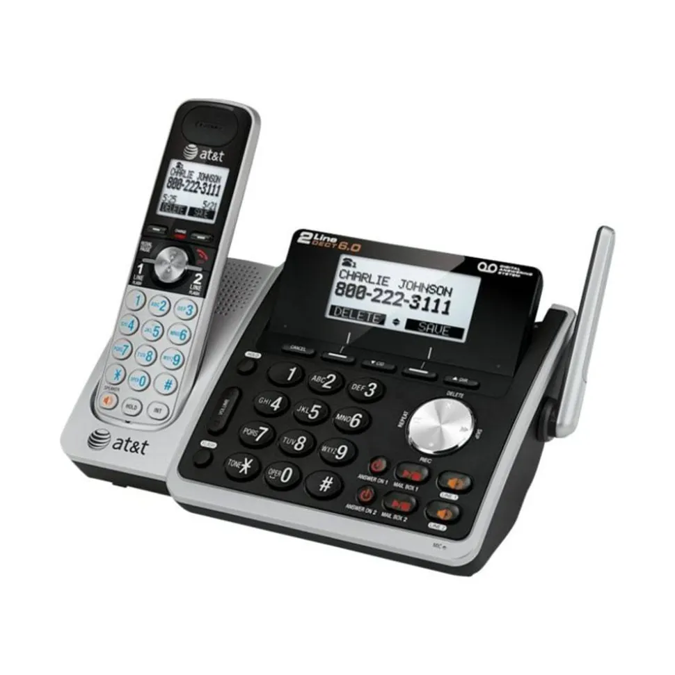 AT&T TL88102 Cordless Two-Line Digital Answering System, Base and Handset, Black/Silver