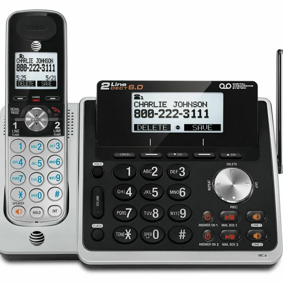 AT&T TL88102 Cordless Two-Line Digital Answering System, Base and Handset, Black/Silver