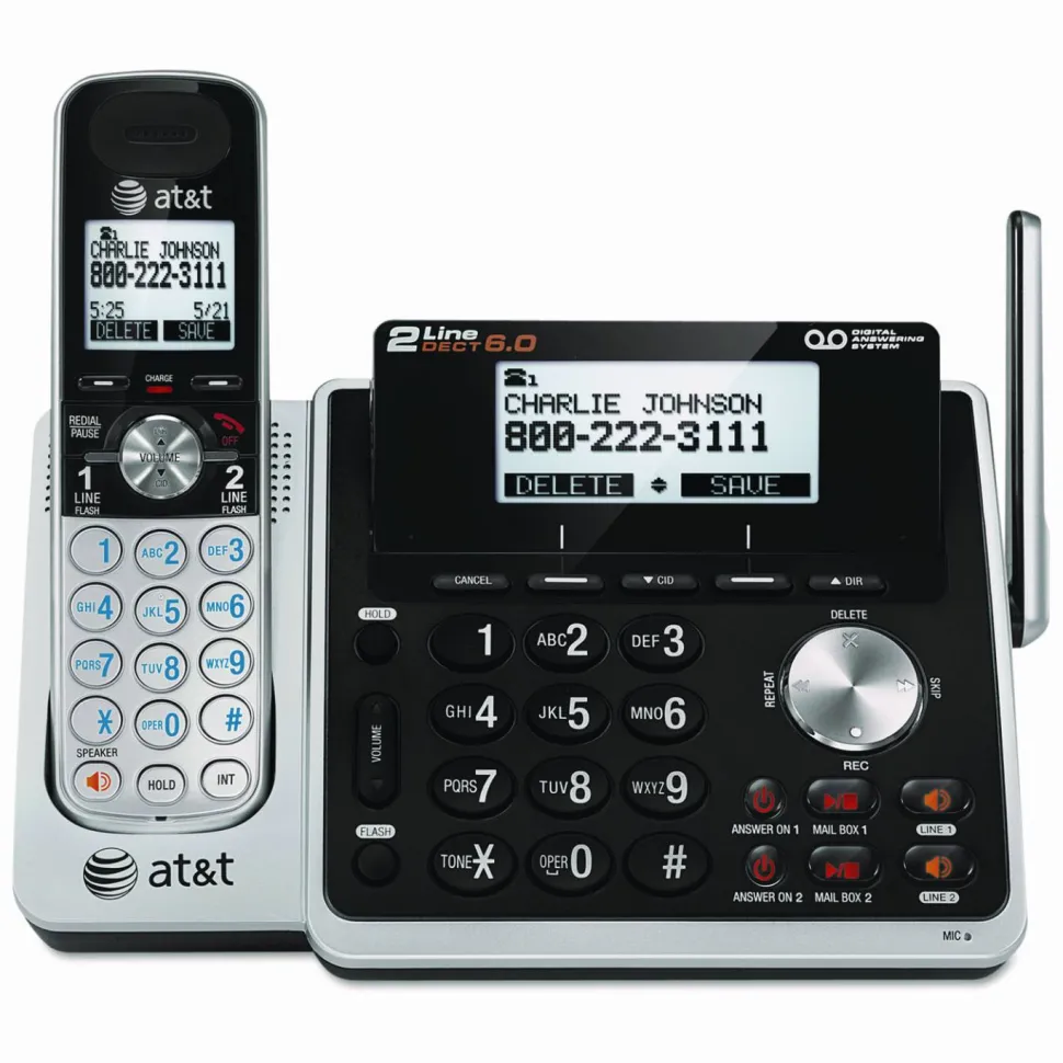 AT&T TL88102 Cordless Two-Line Digital Answering System, Base and Handset, Black/Silver