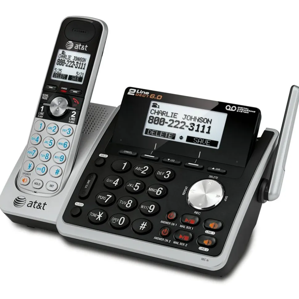 AT&T TL88102 Cordless Two-Line Digital Answering System, Base and Handset, Black/Silver