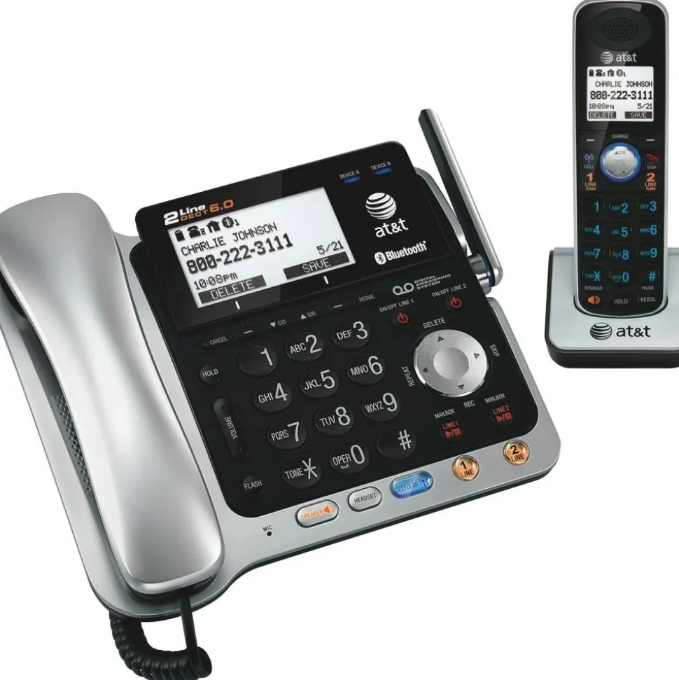 AT&T TL86109 DECT 6.0 Digital 2-Line Corded/Cordless Phone With Digital Answering System, Silver/Black