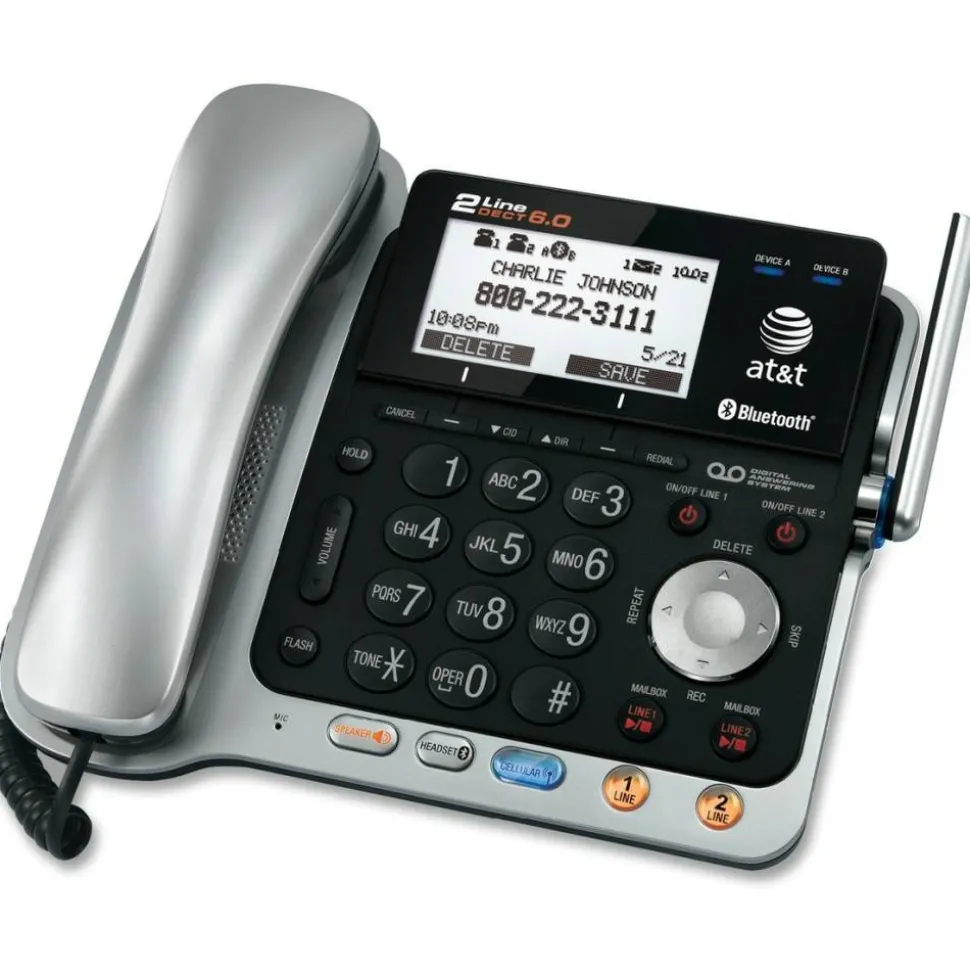 AT&T TL86109 DECT 6.0 Digital 2-Line Corded/Cordless Phone With Digital Answering System, Silver/Black