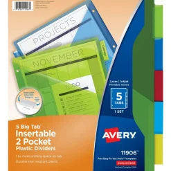 Avery Dividers for 3 Ring Binders, 5-Tab Binder Dividers, Two-Pocket Plastic Binder Dividers, Insertable Big Tab, Multicolor, 1 Set (11906)