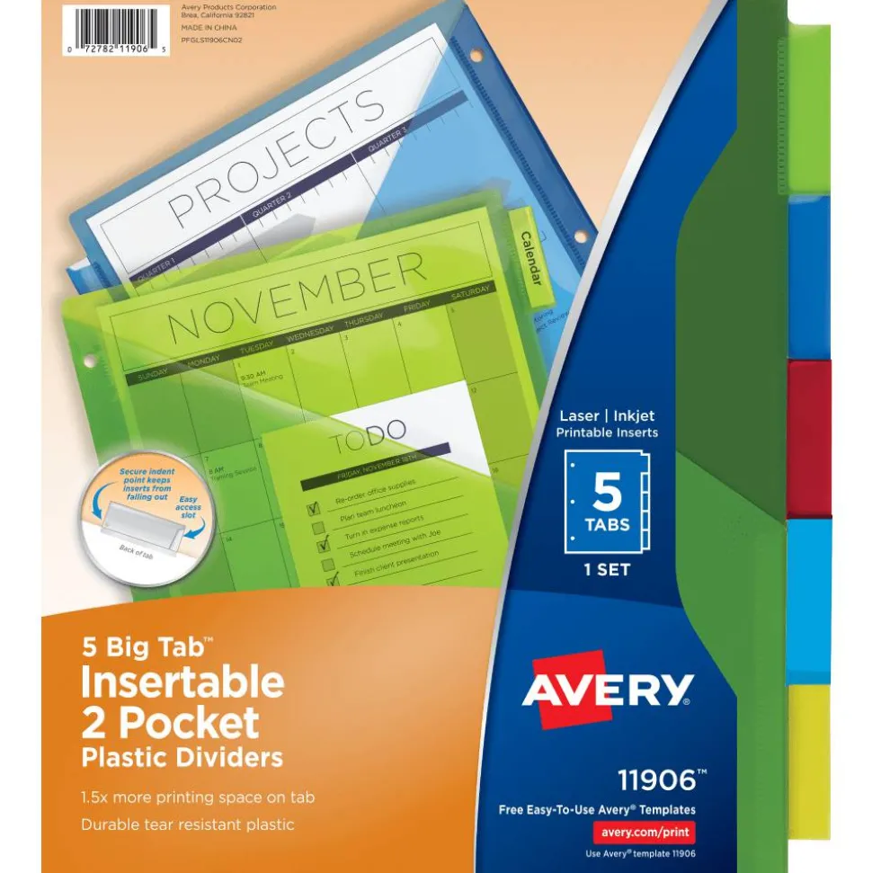 Avery Dividers for 3 Ring Binders, 5-Tab Binder Dividers, Two-Pocket Plastic Binder Dividers, Insertable Big Tab, Multicolor, 1 Set (11906)