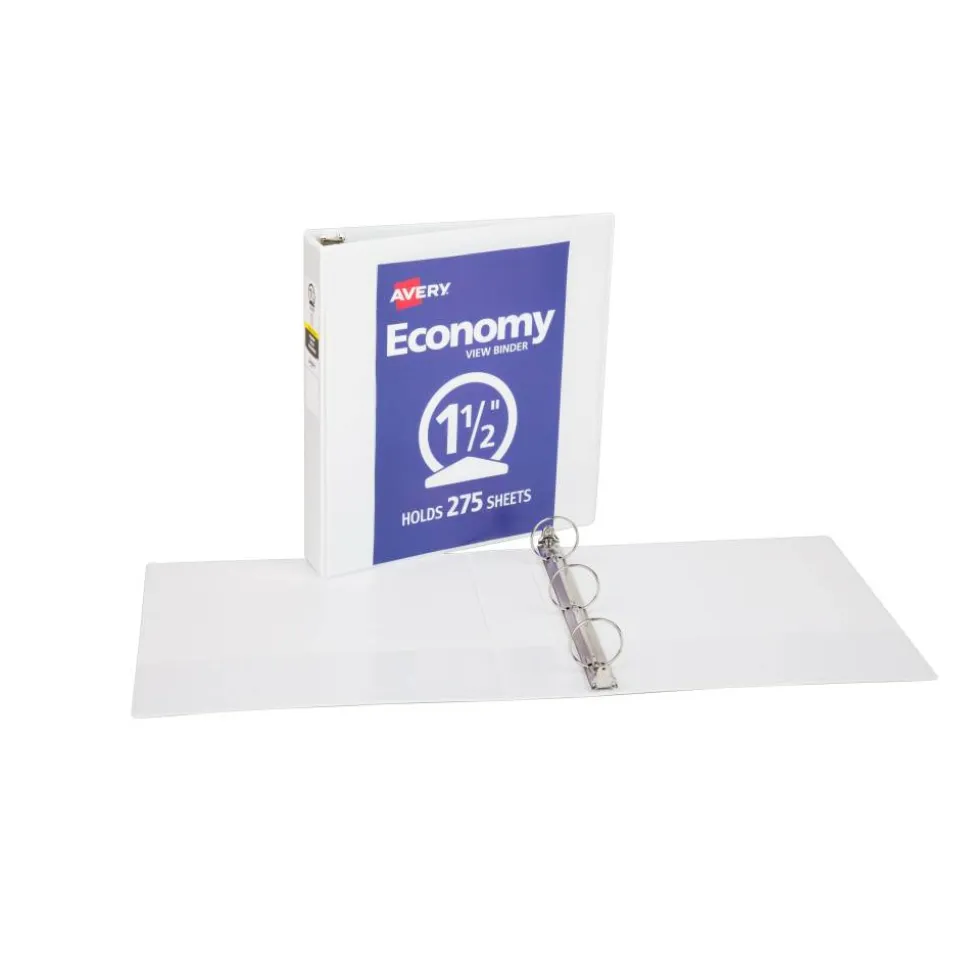 Avery Economy View 3 Ring Binder, 1-1/2" Round Rings, White, Pack Of 12