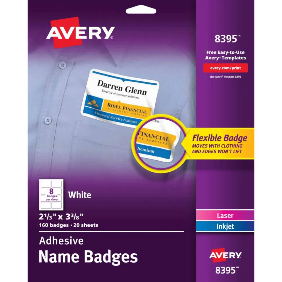 Avery Flexible Name Badge Labels, 2 1/3" x 3 3/8", White, Box Of 160