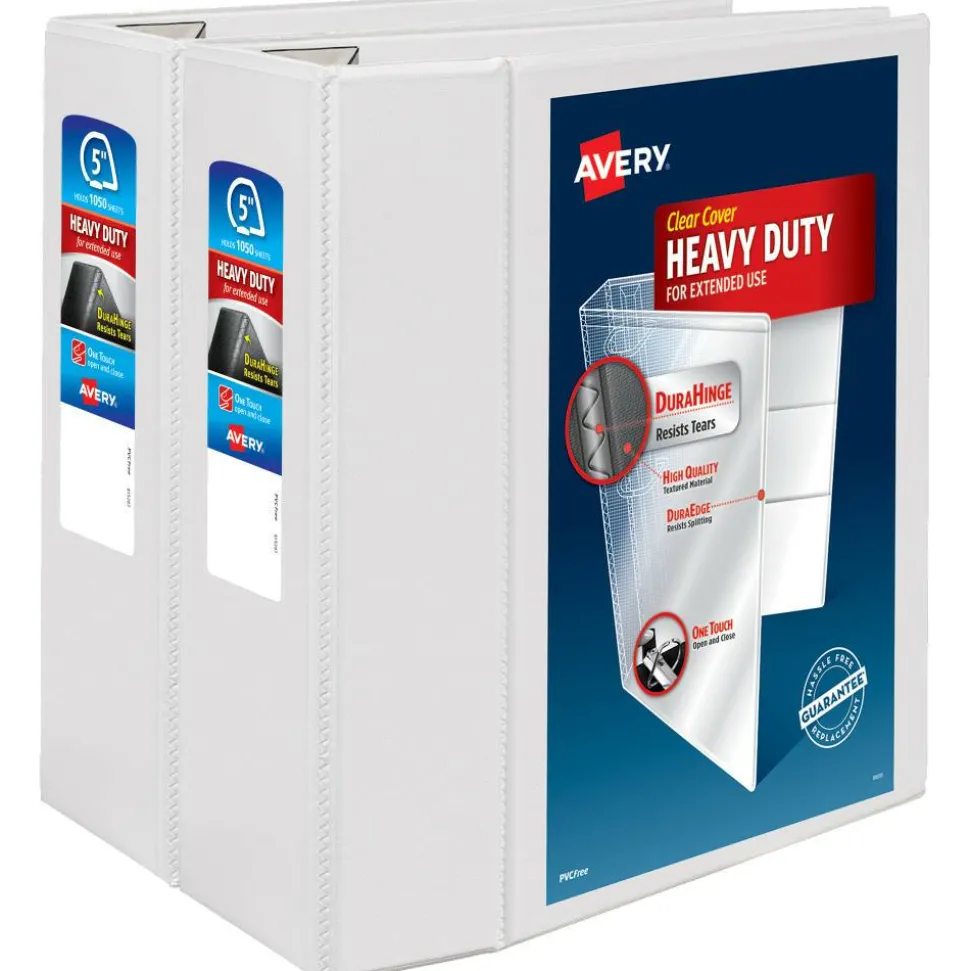 Avery Heavy-Duty View 3 Ring Binder, 5" One Touch EZD Rings, White, Pack Of 2 Binders