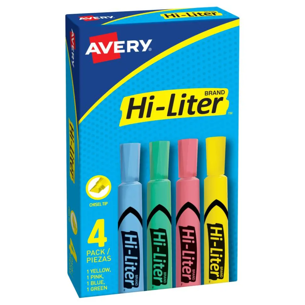 Avery Hi-Liter Desk-Style Highlighters, Assorted Colors, Box Of 4