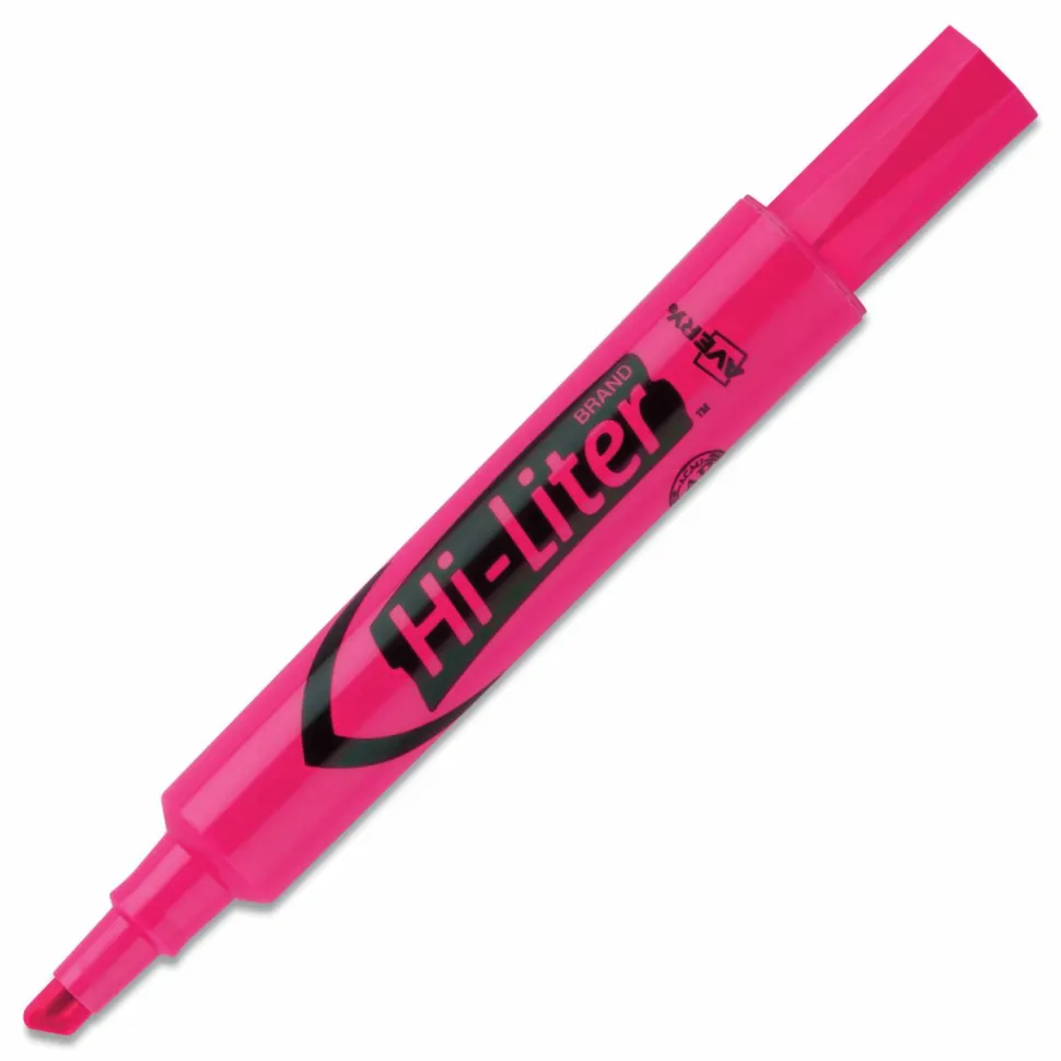 Avery Hi-Liter Highlighters, SmearSafe, Chisel Tip, Desk-Style, Fluorescent Pink, Box Of 12