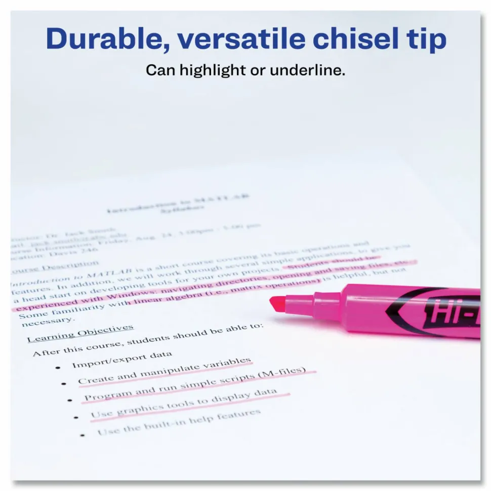 Avery Hi-Liter Highlighters, SmearSafe, Chisel Tip, Desk-Style, Fluorescent Pink, Box Of 12