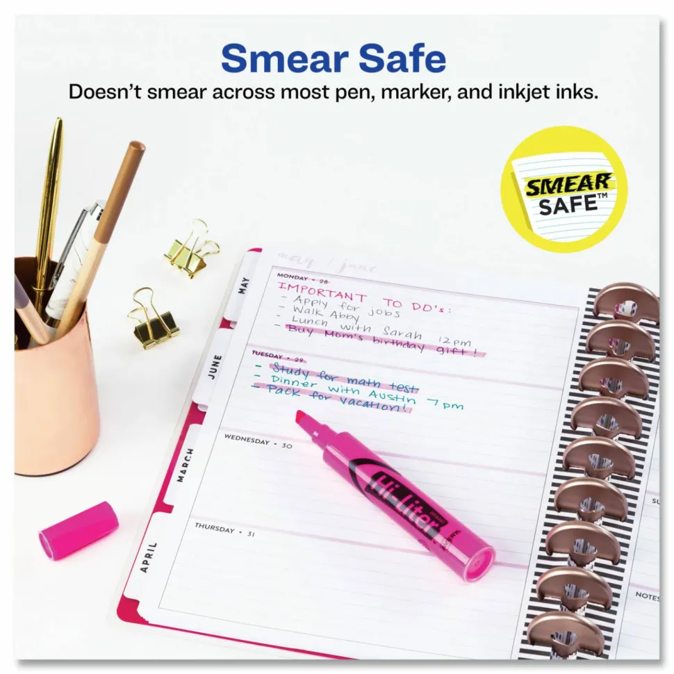 Avery Hi-Liter Highlighters, SmearSafe, Chisel Tip, Desk-Style, Fluorescent Pink, Box Of 12