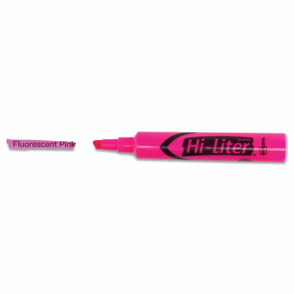 Avery Hi-Liter Highlighters, SmearSafe, Chisel Tip, Desk-Style, Fluorescent Pink, Box Of 12