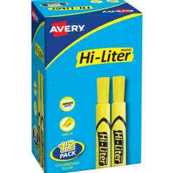 Avery Hi-Liter SmearSafe Highlighters, Chisel Tip, Desk-Style, Flourescent Yellow, Pack Of 12 Highlighters