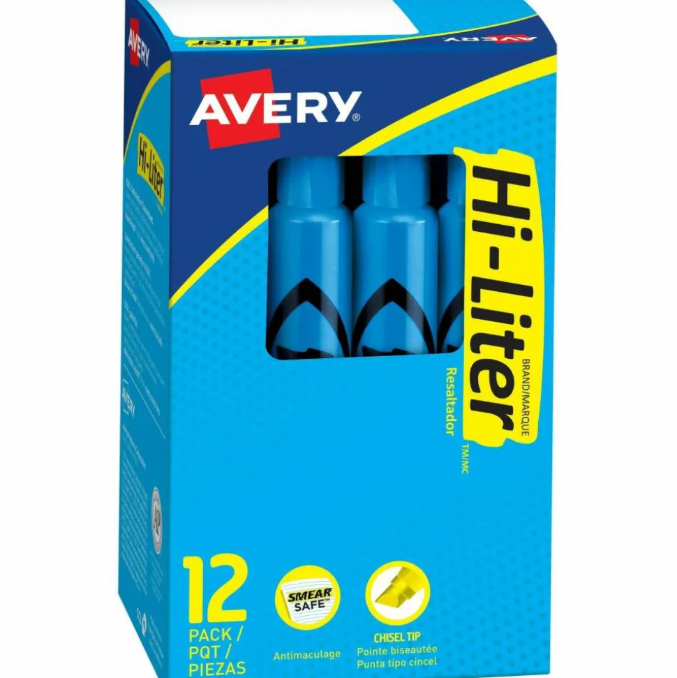 Avery Hi-Liter SmearSafe Highlighters, Chisel Tip, Desk-Style, Fluorescent Blue, Pack Of 12 Highlighters