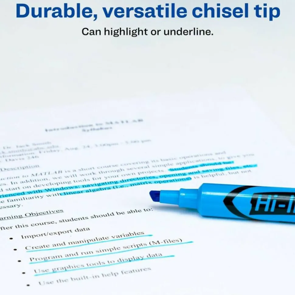 Avery Hi-Liter SmearSafe Highlighters, Chisel Tip, Desk-Style, Fluorescent Blue, Pack Of 12 Highlighters
