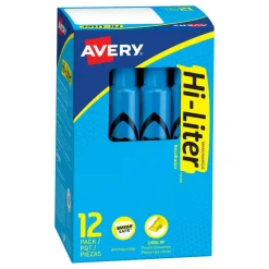 Avery Hi-Liter SmearSafe Highlighters, Chisel Tip, Desk-Style, Fluorescent Blue, Pack Of 12 Highlighters