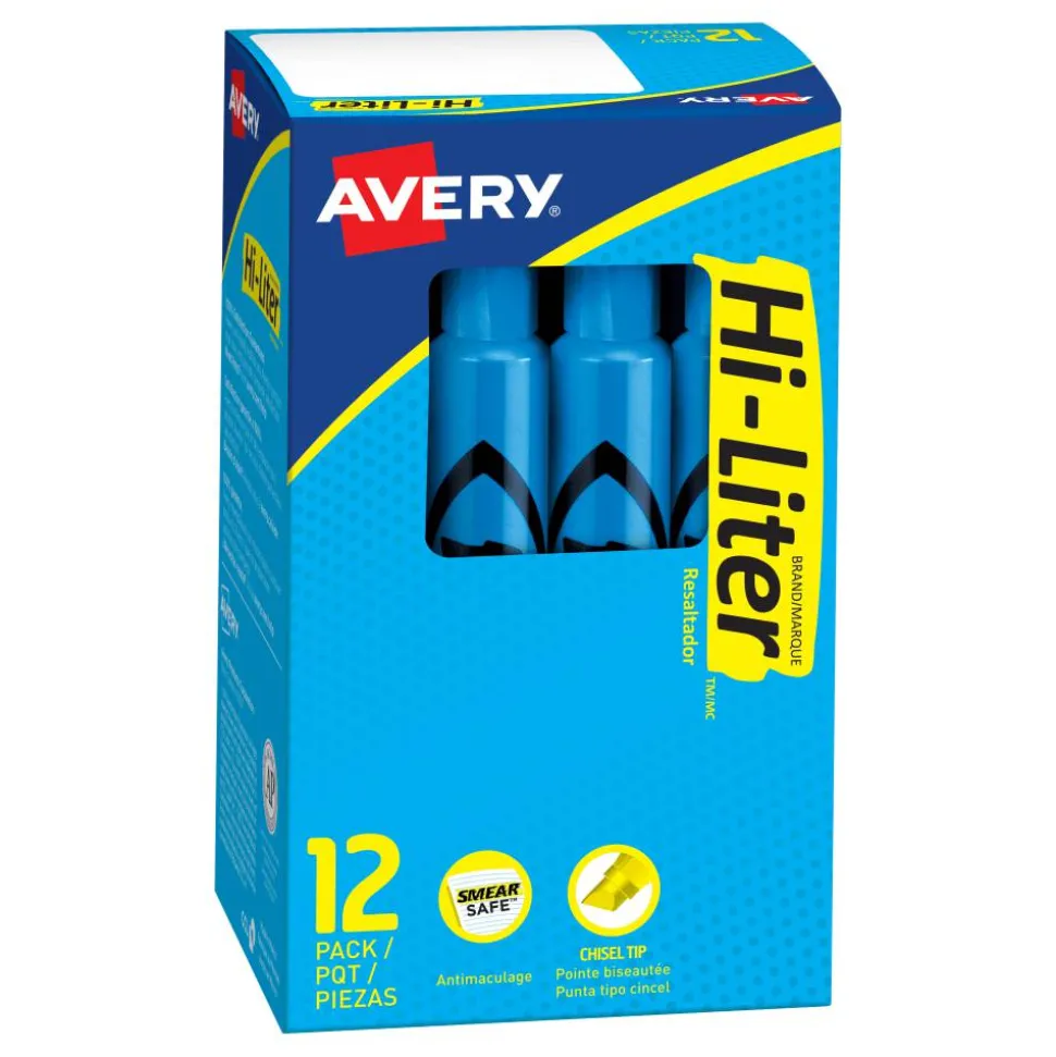 Avery Hi-Liter SmearSafe Highlighters, Chisel Tip, Desk-Style, Fluorescent Blue, Pack Of 12 Highlighters