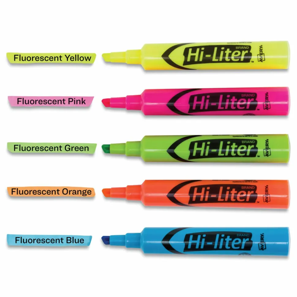 Avery Hi-Liter SmearSafe Highlighters, Chisel Tip, Desk-Style, Assorted, Pack Of 12 Highlighters