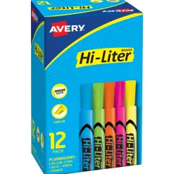 Avery Hi-Liter SmearSafe Highlighters, Chisel Tip, Desk-Style, Assorted, Pack Of 12 Highlighters