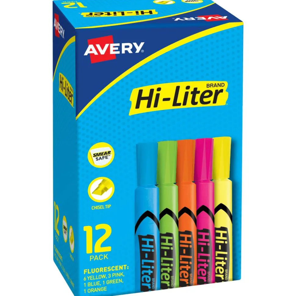 Avery Hi-Liter SmearSafe Highlighters, Chisel Tip, Desk-Style, Assorted, Pack Of 12 Highlighters