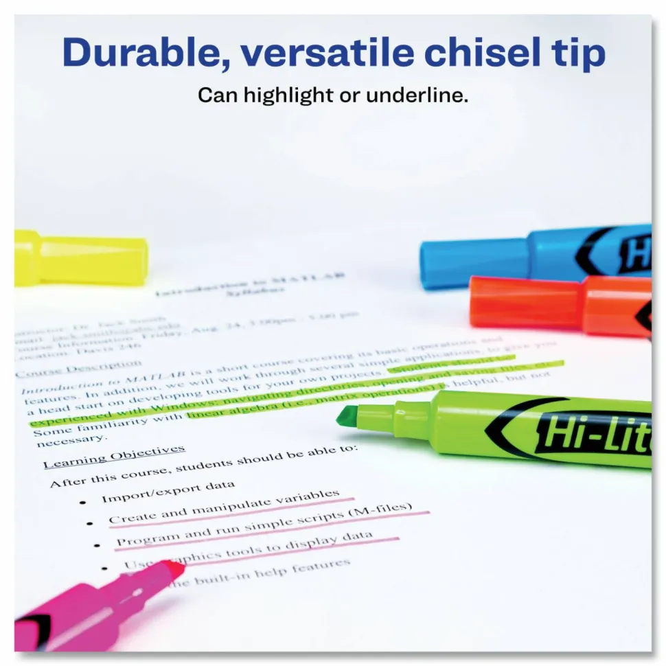 Avery Hi-Liter SmearSafe Highlighters, Chisel Tip, Desk-Style, Assorted, Pack Of 12 Highlighters