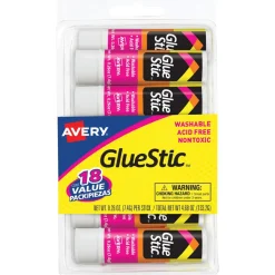 Avery Permanent Glue Stic Value Pack, White, 0.26 oz., Pack Of 18 Sticks