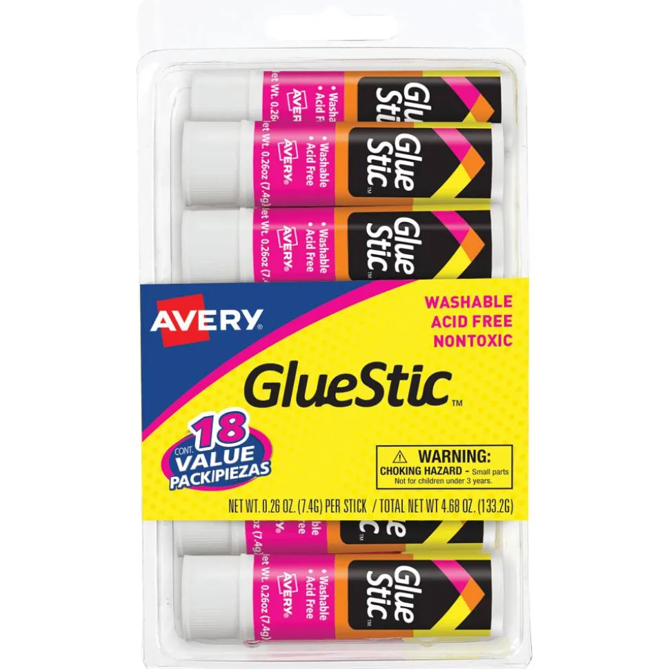 Avery Permanent Glue Stic Value Pack, White, 0.26 oz., Pack Of 18 Sticks