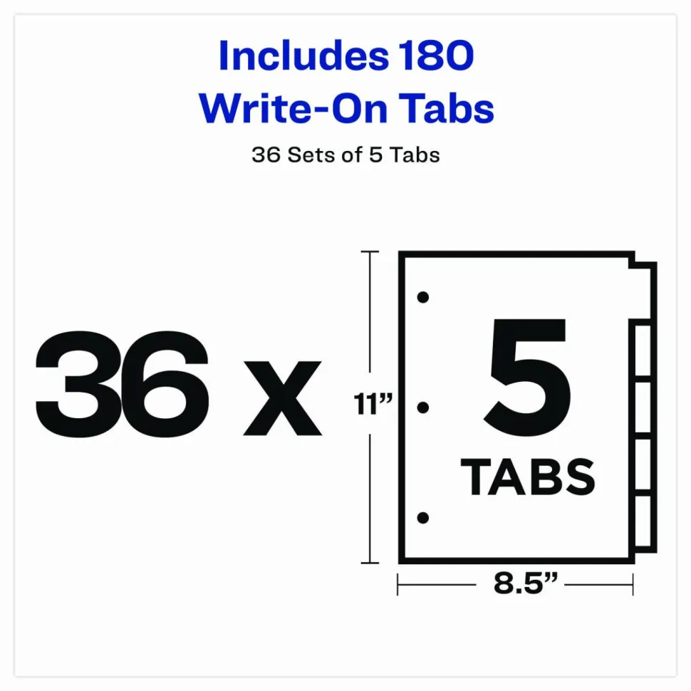 Avery Plain Tab Write-On Dividers, 8 1/2" x 11", White Dividers/White Tabs, 5-Tab, Box Of 36