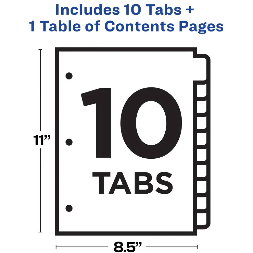 Avery Ready Index 1-10 Tab Binder Dividers With Customizable Table Of Contents, 8-1/2" x 11", 10 Tab, White/Multicolor, 1 Set