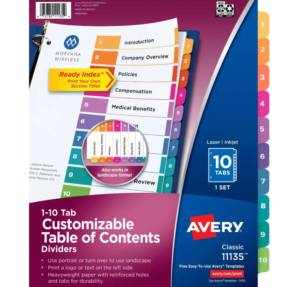 Avery Ready Index 1-10 Tab Binder Dividers With Customizable Table Of Contents, 8-1/2" x 11", 10 Tab, White/Multicolor, 1 Set