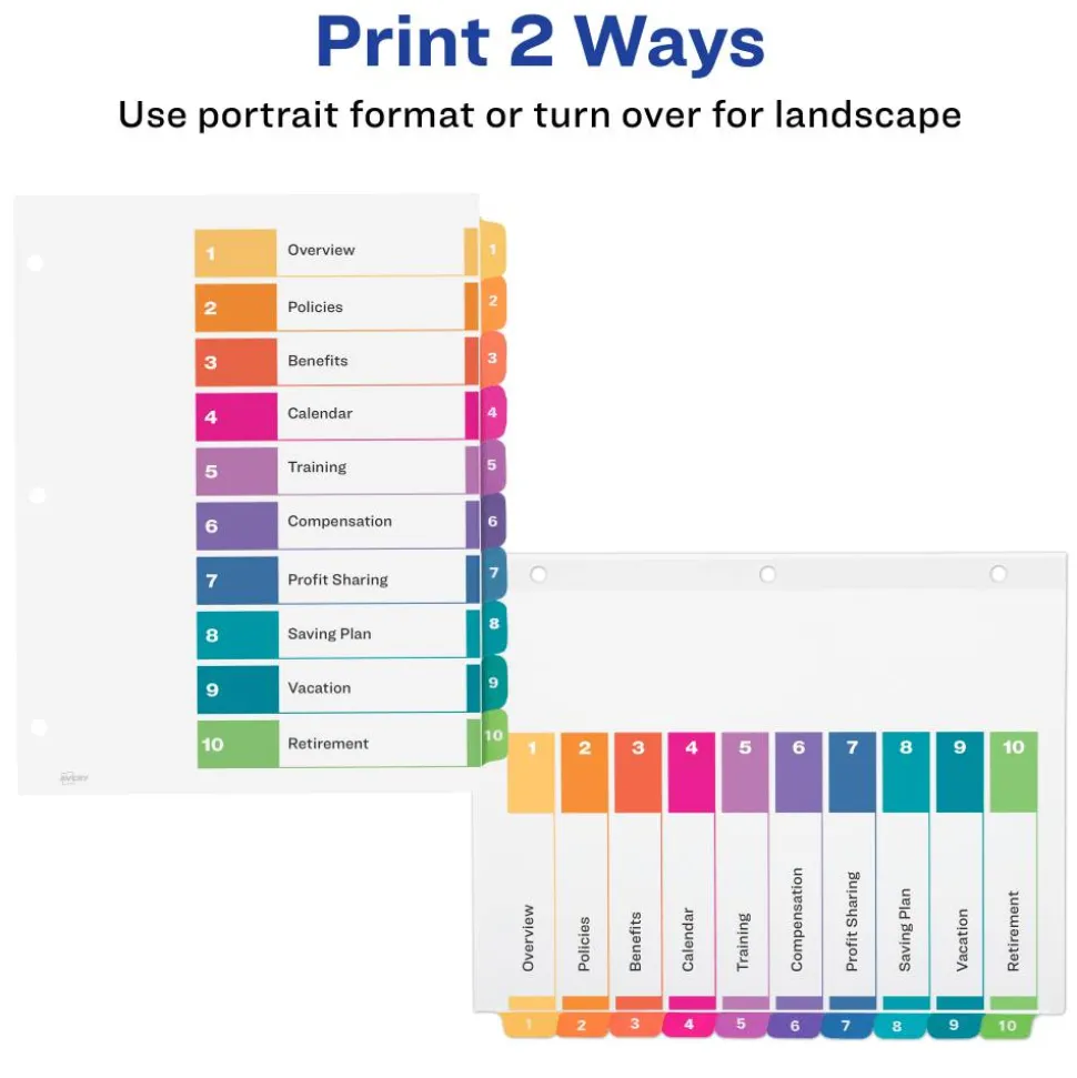 Avery Ready Index 1-10 Tab Binder Dividers With Customizable Table Of Contents, 8-1/2" x 11", 10 Tab, White/Multicolor, 1 Set
