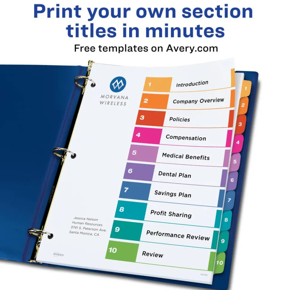 Avery Ready Index 1-10 Tab Binder Dividers With Customizable Table Of Contents, 8-1/2" x 11", 10 Tab, White/Multicolor, 1 Set