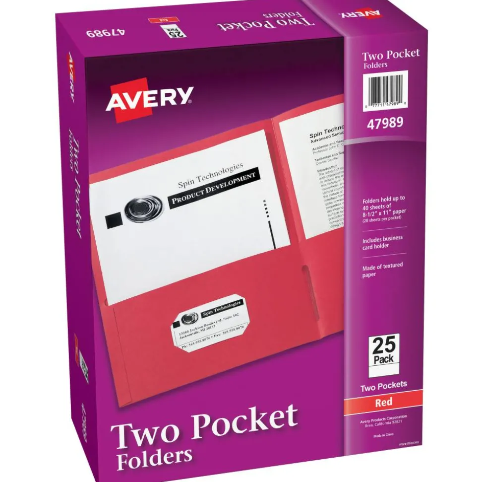 Avery Two Pocket Folders, 8-1/2" x 11", Red, Box Of 25