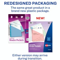 Avery Binder Pockets For 3 Ring Binders, Assorted (Blue, Clear, Green, Pink, Yellow), Pack Of 5 Binder Pockets