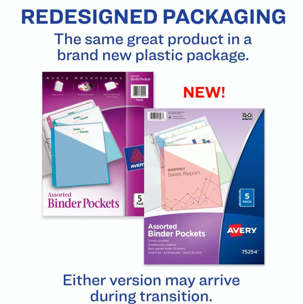 Avery Binder Pockets For 3 Ring Binders, Assorted (Blue, Clear, Green, Pink, Yellow), Pack Of 5 Binder Pockets