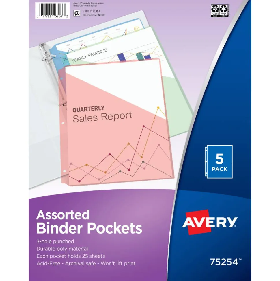 Avery Binder Pockets For 3 Ring Binders, Assorted (Blue, Clear, Green, Pink, Yellow), Pack Of 5 Binder Pockets