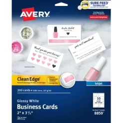 Avery Clean Edge Printable Business Cards With Sure Feed Technology For Laser And Inkjet Printers, 2" x 3-1/2", Glossy White, 200 Blank Cards