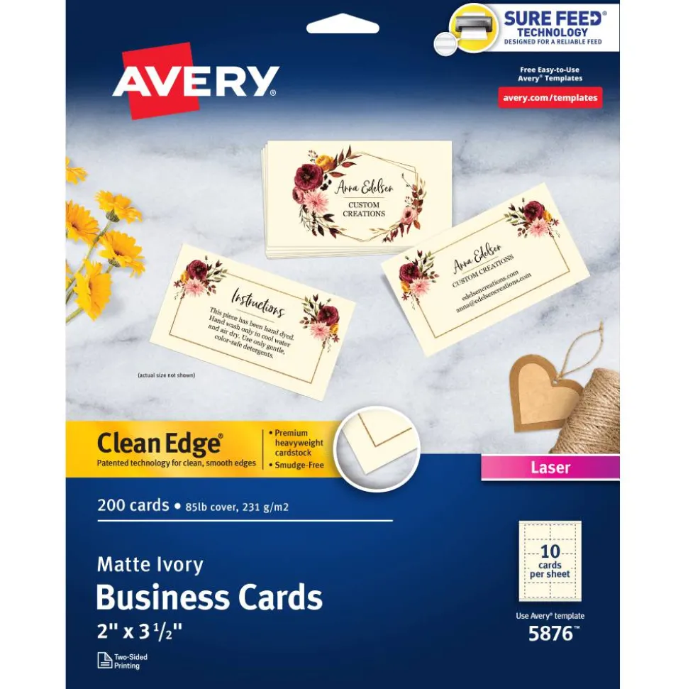 Avery Clean Edge Printable Business Cards With Sure Feed Technology For Laser Printers, 2" x 3.5", Ivory, 200 Blank Cards