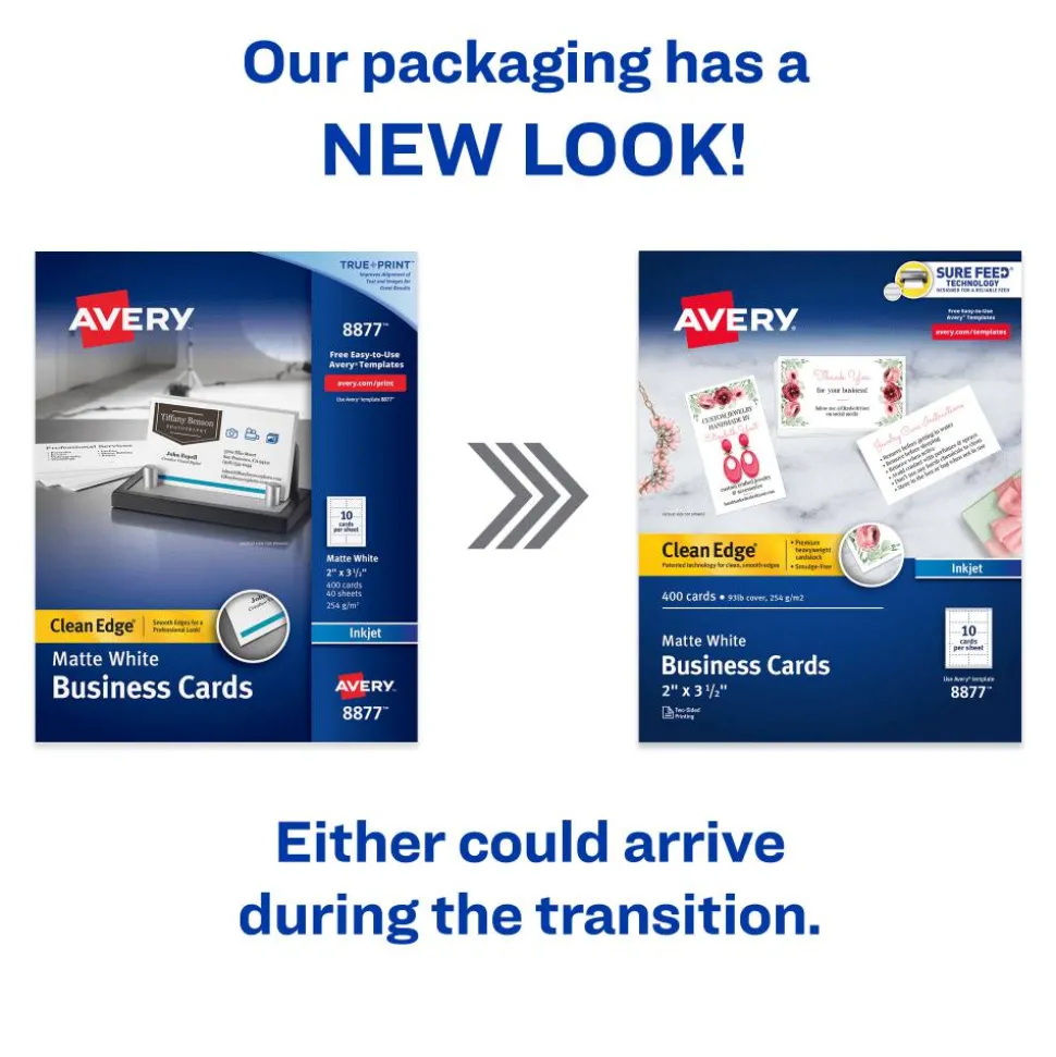 Avery Clean Edge Printable Business Cards With Sure Feed Technology For Inkjet Printers, 2" x 3.5", White, 400 Blank Cards
